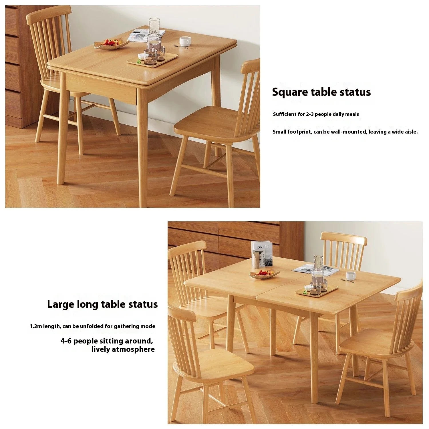 โต๊ะอาหารไม้จริงพับได้ โต๊ะอาหารขนาดเล็กสำหรับใช้ในบ้าน โต๊ะอาหารแบบยืดหดได้พร้อมเก้าอี้สำหรับร้านอาหาร