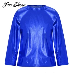 Kids Girls Boys Jazz Dance Stage Performance Tops Metallic Shiny T-shirts Long Sleeve Round Neck T-shirt Top Children Dancewear