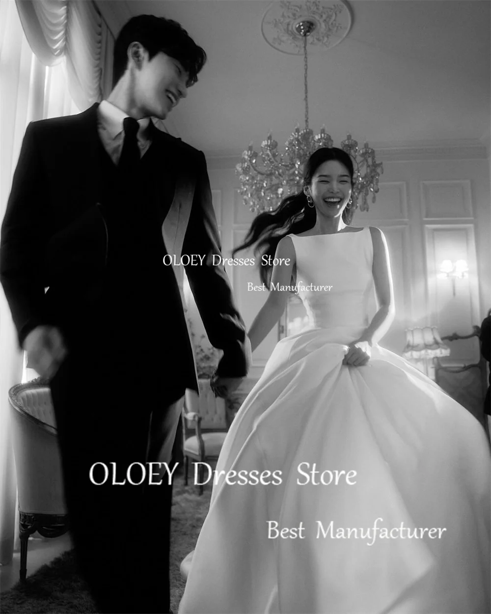 OLOEY Simple Ivory A Line Wedding Dress Korea Photoshoot Sleeveless Floor Length Bridal Gown Scoop Neck Lace Up Back Custom Made