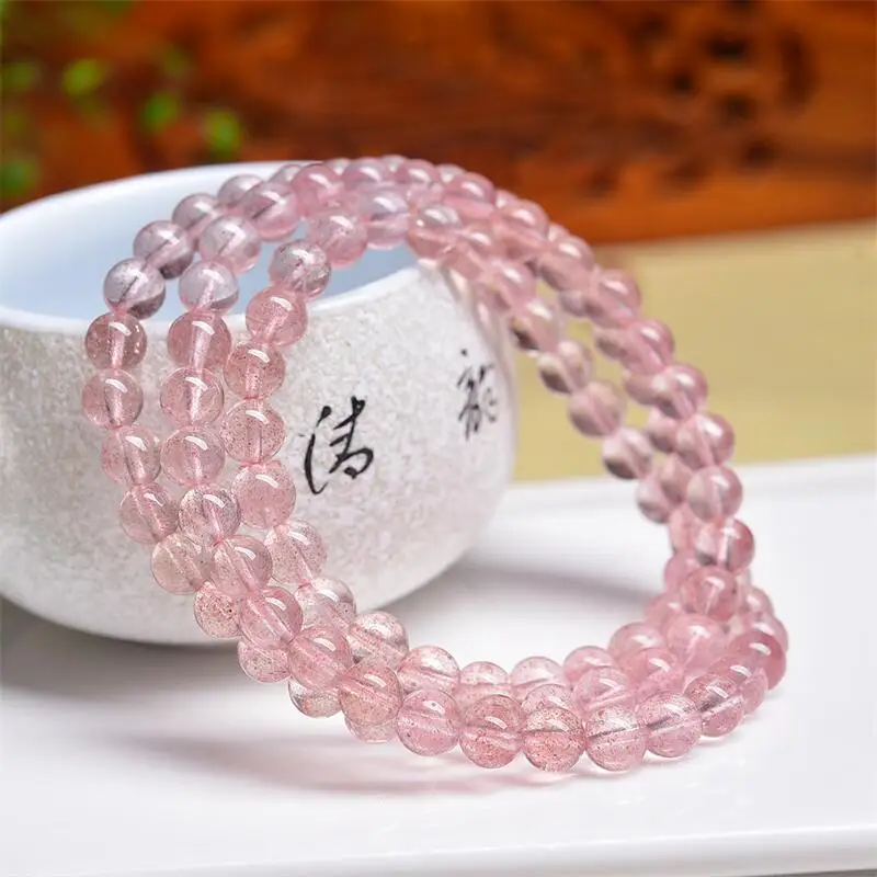 

6MM Natural Clear Quartz Strawberry Quartz Triple Circle Bracelet Reiki Healing Jewelry Energy Crystal Holiday Gift