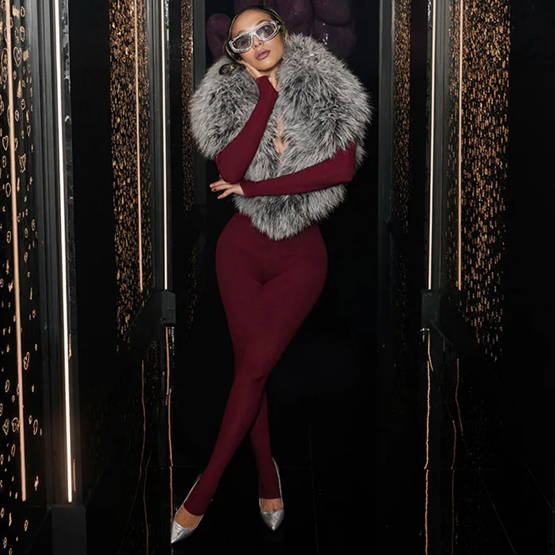 

Осень-зима 2022, сексуальные женские комбинезоны с меховым воротником, однотонный тонкий облегающий комбинезон