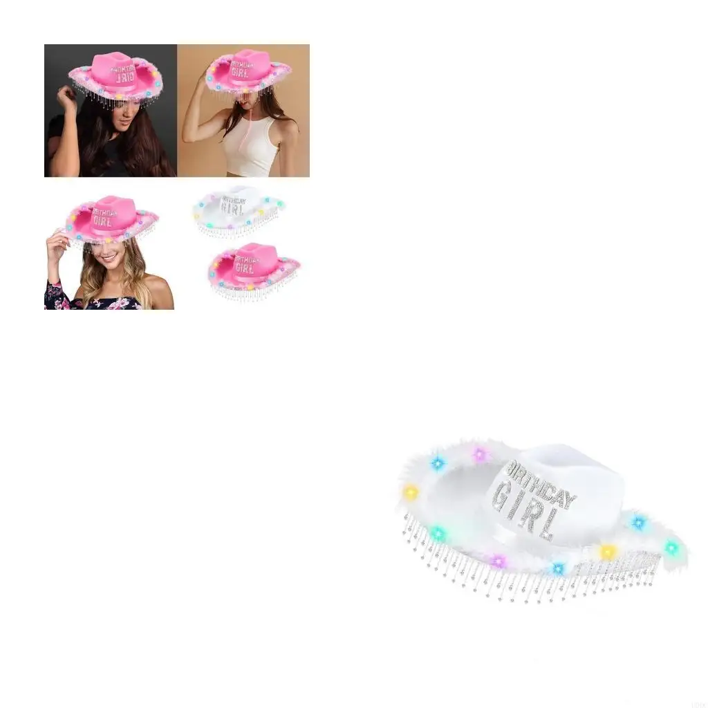 

Birthday Cowgirl Hat with Shimmering Tassels LED Light Up Top Hat for Stage and Club Wear Women Girl Party Costume Hat Y166