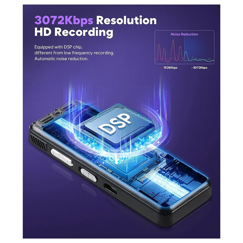 -Enregistreur digital activado por voz AT52 de 64 GB con reproducción - Grabador de cinta con micrófono dual HD de 3072 Kpbs para entrevistas/reuniones/cualidades