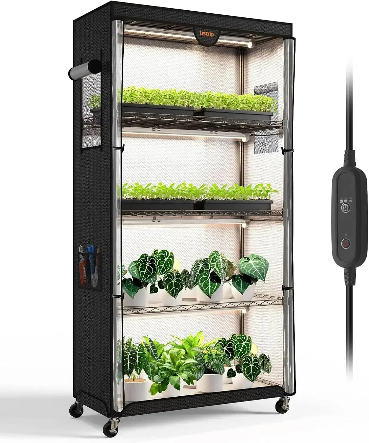 Indoor Greenhouse with Grow Light, Plant Stand with 4 Pack 24W Full Spectrum Plant Lights, Plant Shelf with Tent for Indo