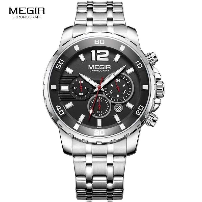 Megir Men\'s Gold Stainless Steel Quartz Watches Business Chronograph Analgue Wristwatch for Man Waterproof Luminous 2068GGD-2N3