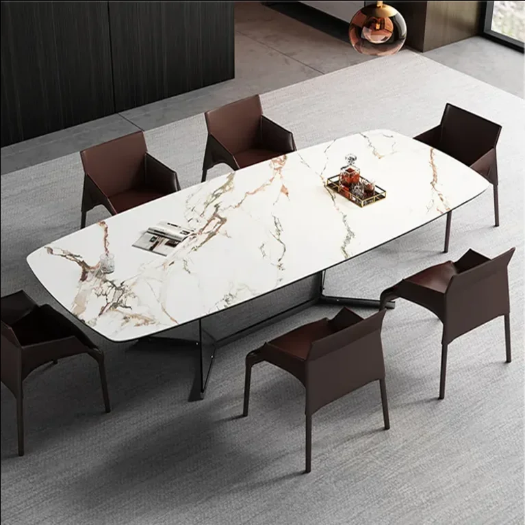 Contemporary Italy design marble stone top 1.8m rectangle 6 seater clear tempered glass dining table set