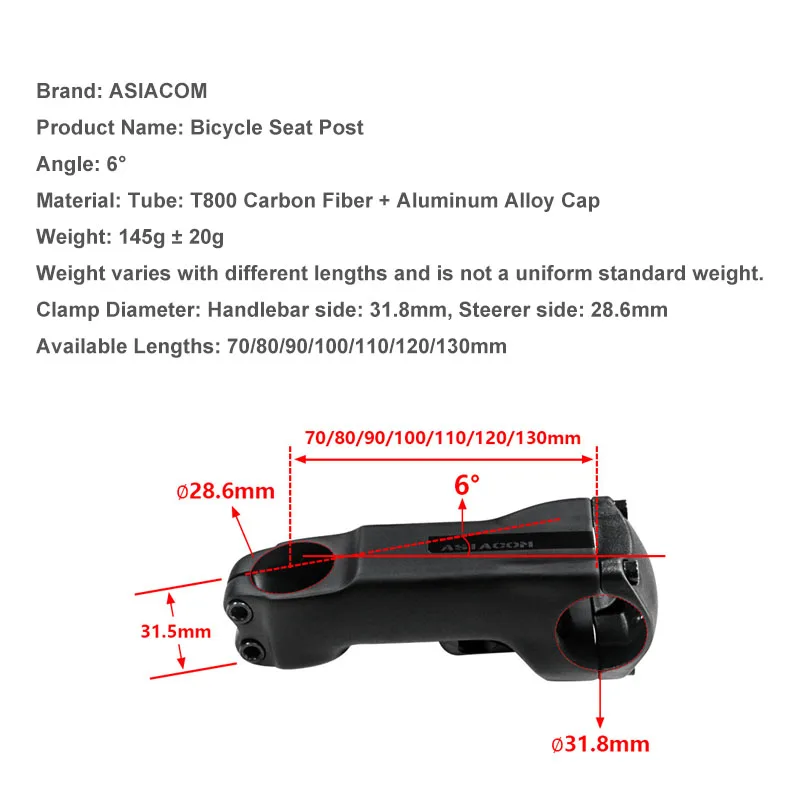 ASIACOM T800 Full Carbon Bike Stem Hidden Internal Cable Routing With Spacers 31.8mm 70‑130mm Bicycle Parts