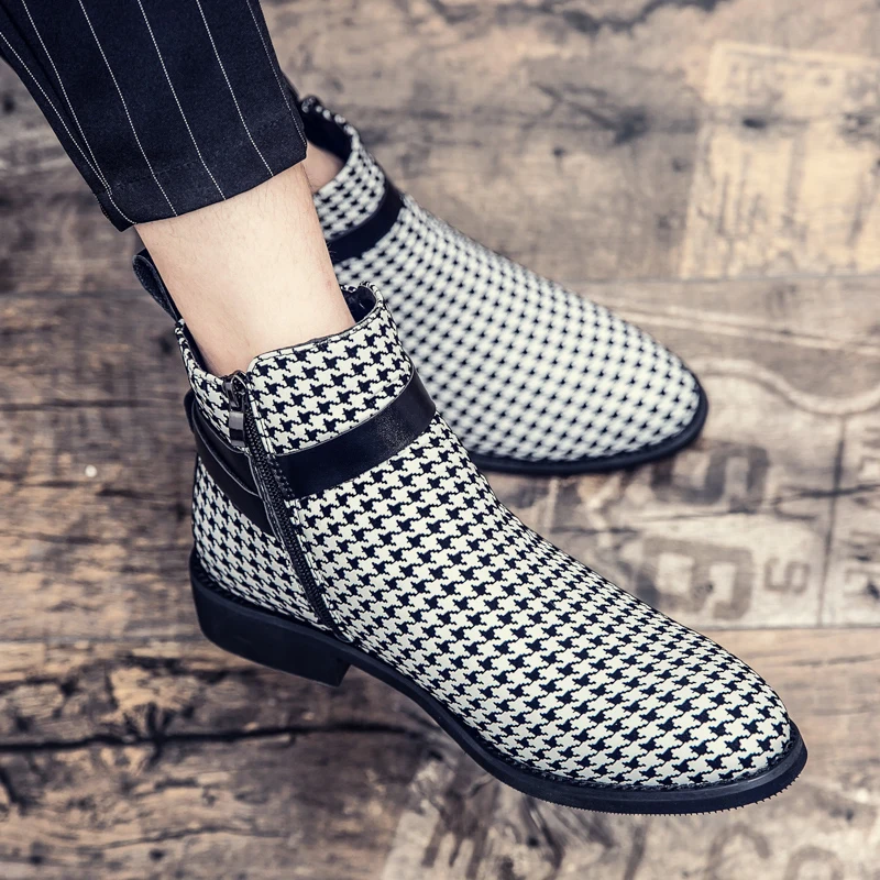 

Men Chelsea Boots with Pointed Toe Low Heel Checkered Buckle Lace Up Decoration Side Zipper Business Casual Boots