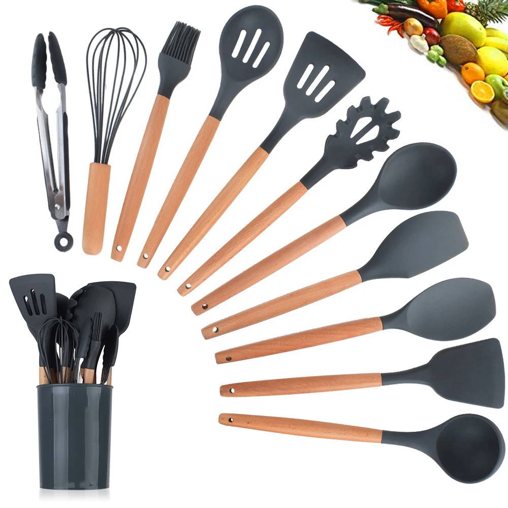 Silicone Cutlery Set Nonstick Spatula Wooden Handle Cookware Set with Storage Box Kitchen Utensils Kitchen Cooking Accessories