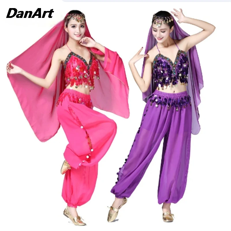 

Women Belly Dance Practice Performance Costume Set Sparkly Tassel Sequin Bra Top Wide Leg Pants Cosplay Clothes Rave Outfit