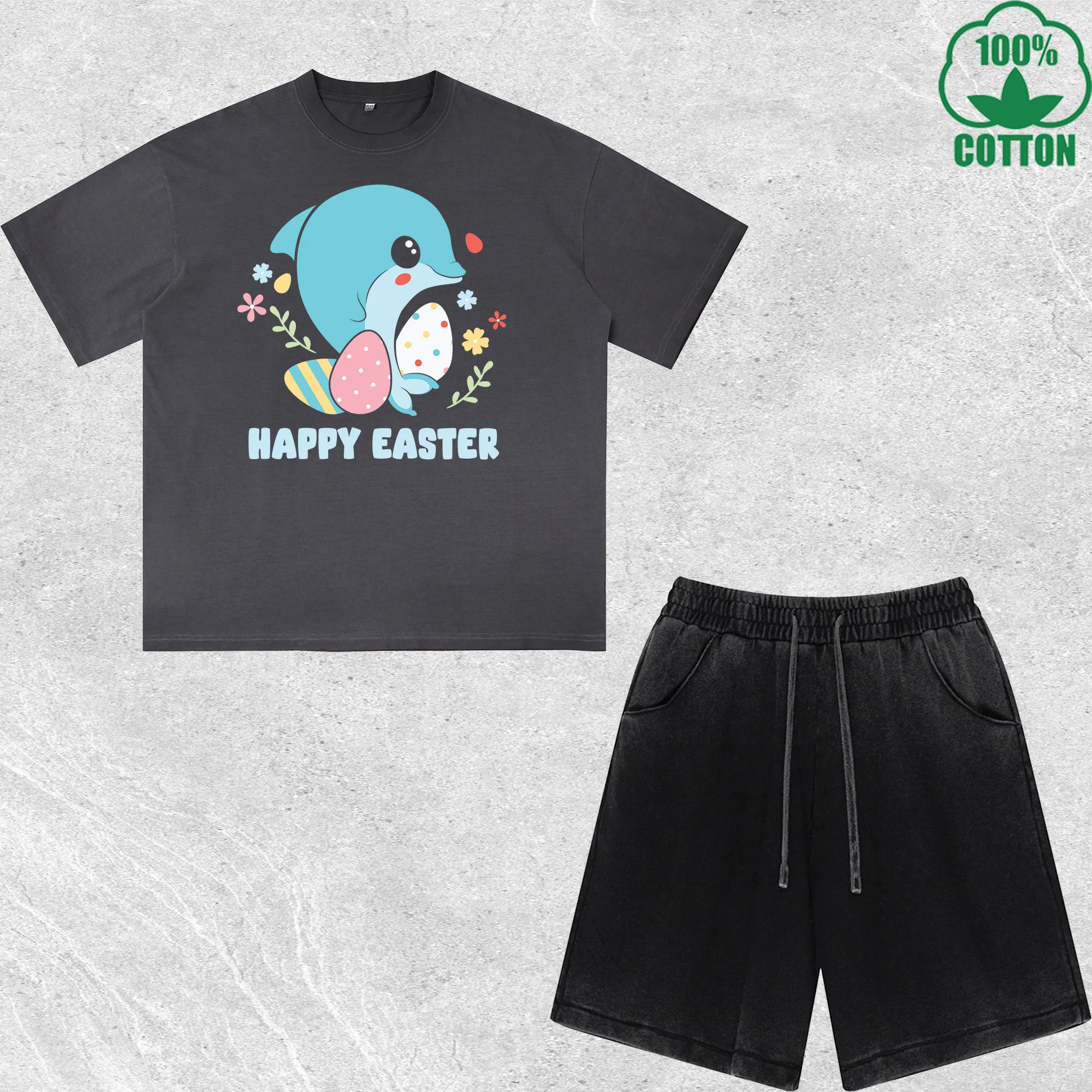 

Chibi Easter Dolphin Printed Dirty Wash T-Shirt Shorts Set Multicolor Combo Loose Trendy Fashionable 100%Cotton