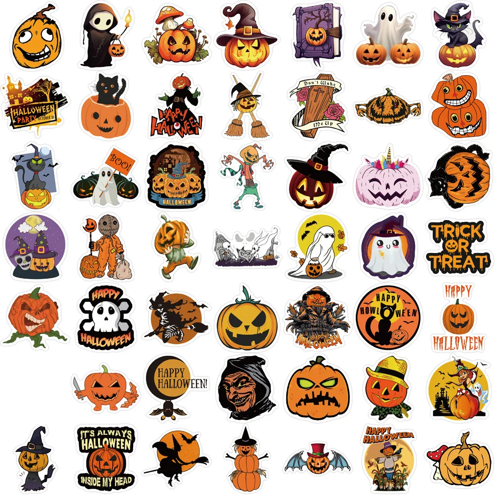 50pcs Halloween Stickers Pumpkin Skull Graffiti Stickers Suitcase Computer Waterproof DIY Stickers Hand Account Stickers