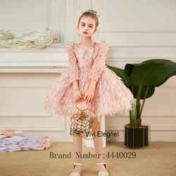 Square Collar Flower Girls Dresses with Feather Full Sleeve Wedding Party Dresses for Kids 2024 Summer Knee Length فلور فتاة الل