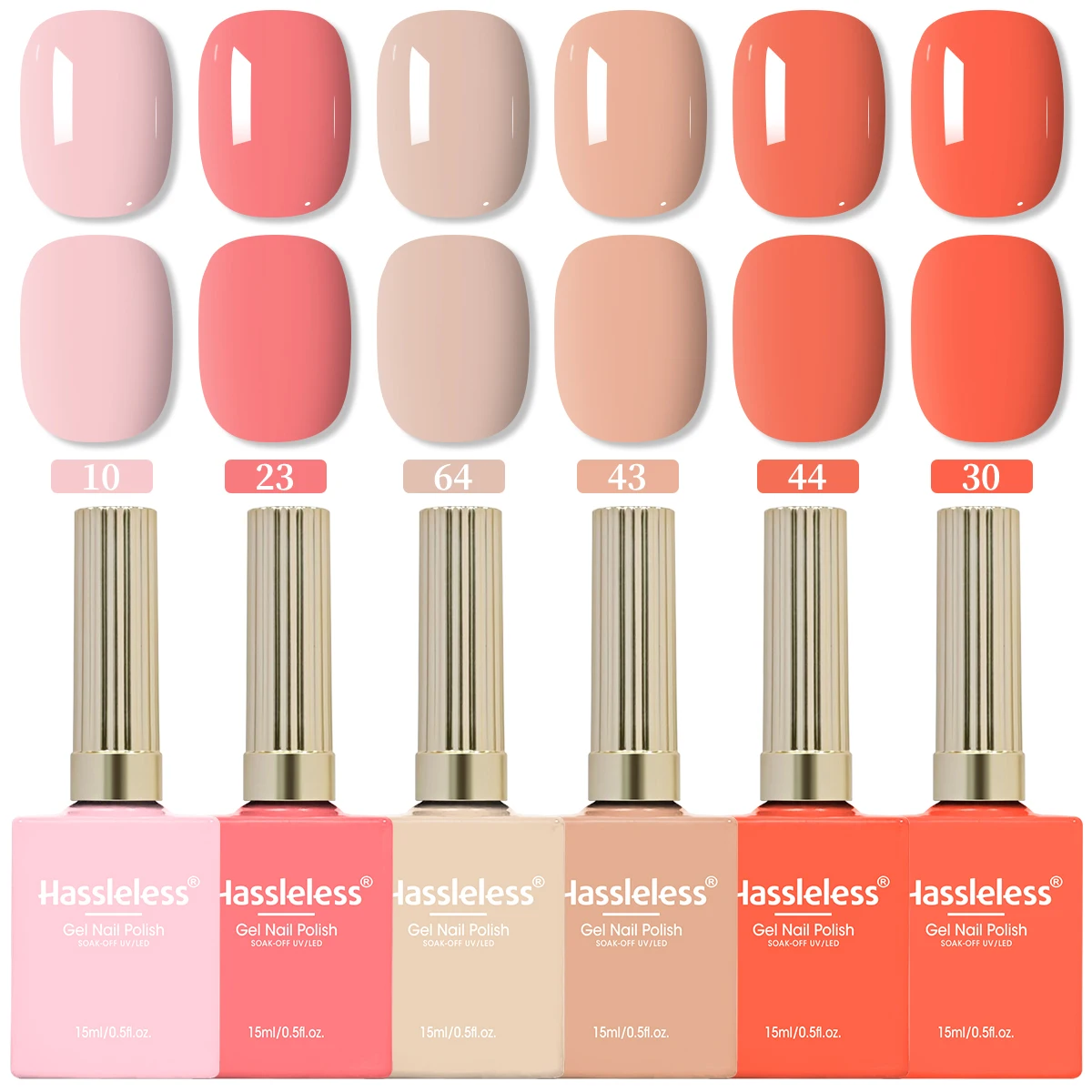 

Hassleless 6-bottle nail gel set features highly saturated colors. Each bottle contains 15ml and offers excellent shine, perfect