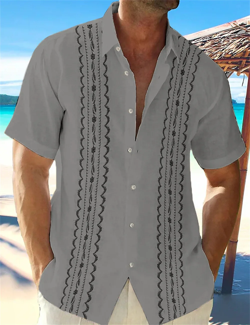 Men's shirt, new summer 3D printed lines, short sleeved lapel button up shirt, fashionable Hawaiian vacation casual clothing