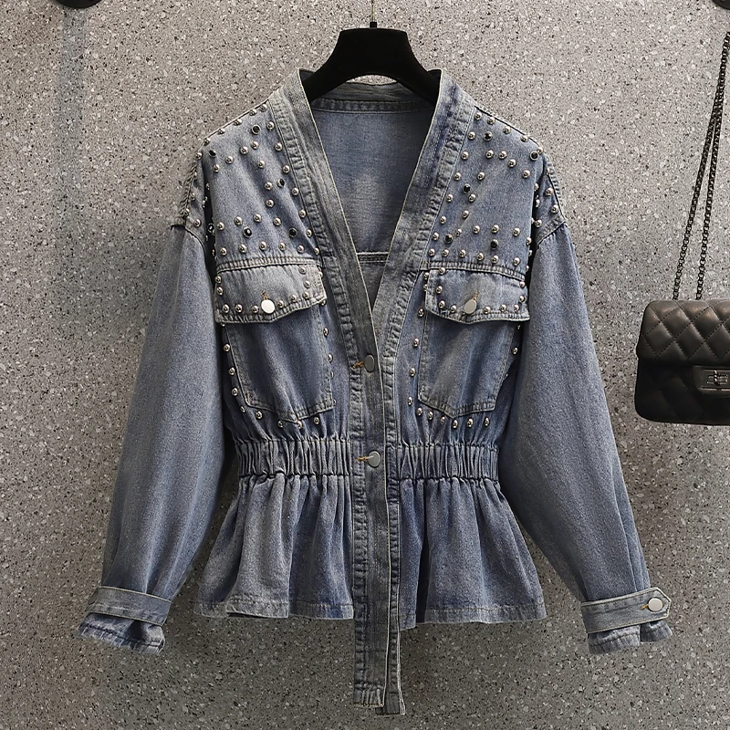 

European Rivet Bead Denim Jacket Women's Spring Autumn 2025 New fashion V-neck Waist cinched top Elegant Single Breasted Coat
