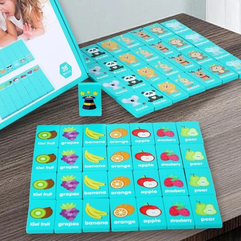 Children early education building block toys happy elimination  fruits chain domino stacking wooden puzzle building block toys