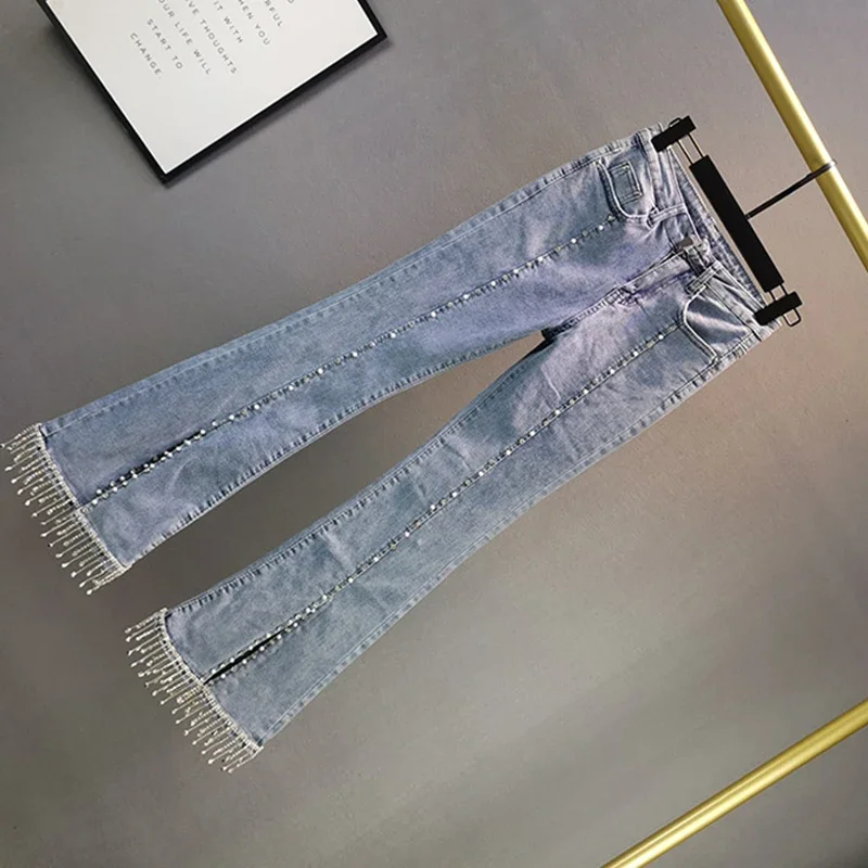 Cintura alta estiramento pérola denim calças femininas primavera 2023 novo ajuste fino diamante-cravejado frisado queimado jeans feminino