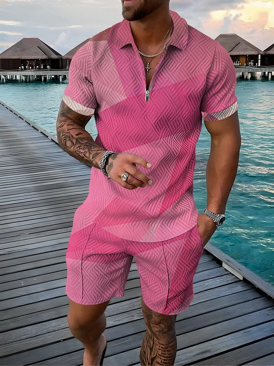 Men Zipper Polo Suit Geometric Triangle Men's Zipper Short Sleeve And Shorts 2 Piece Sportswear Suit Fashion Casual Trend