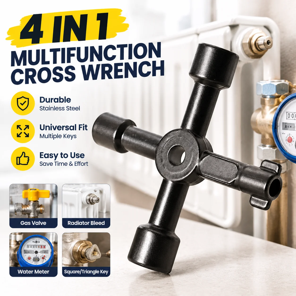 4 in 1 Multifunction Cross Switch Wrench Stainless Steel Universal Square Triangle Key for Gas Radiator Bleed Water Meter Valve