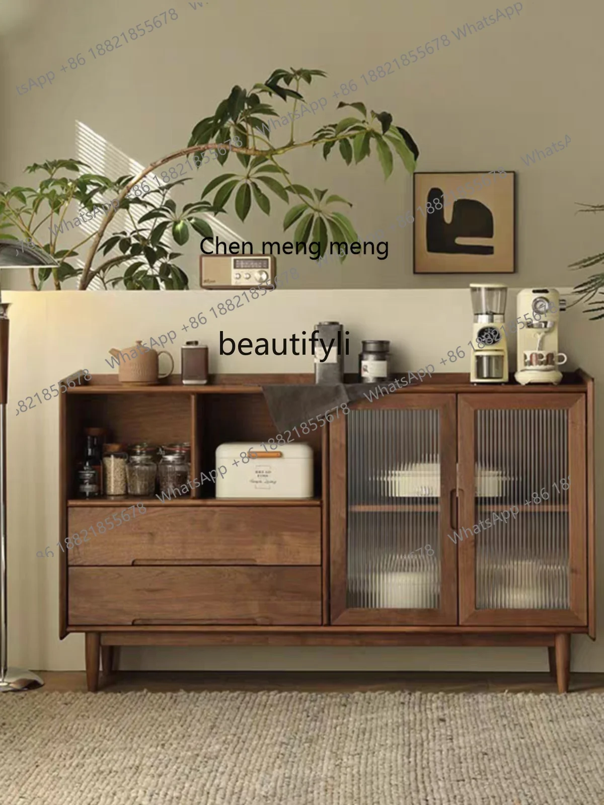 

Nordic Solid Wood Black Walnut Sideboard Cabinet Simple Modern Kitchen Locker Wine Cabinet Home