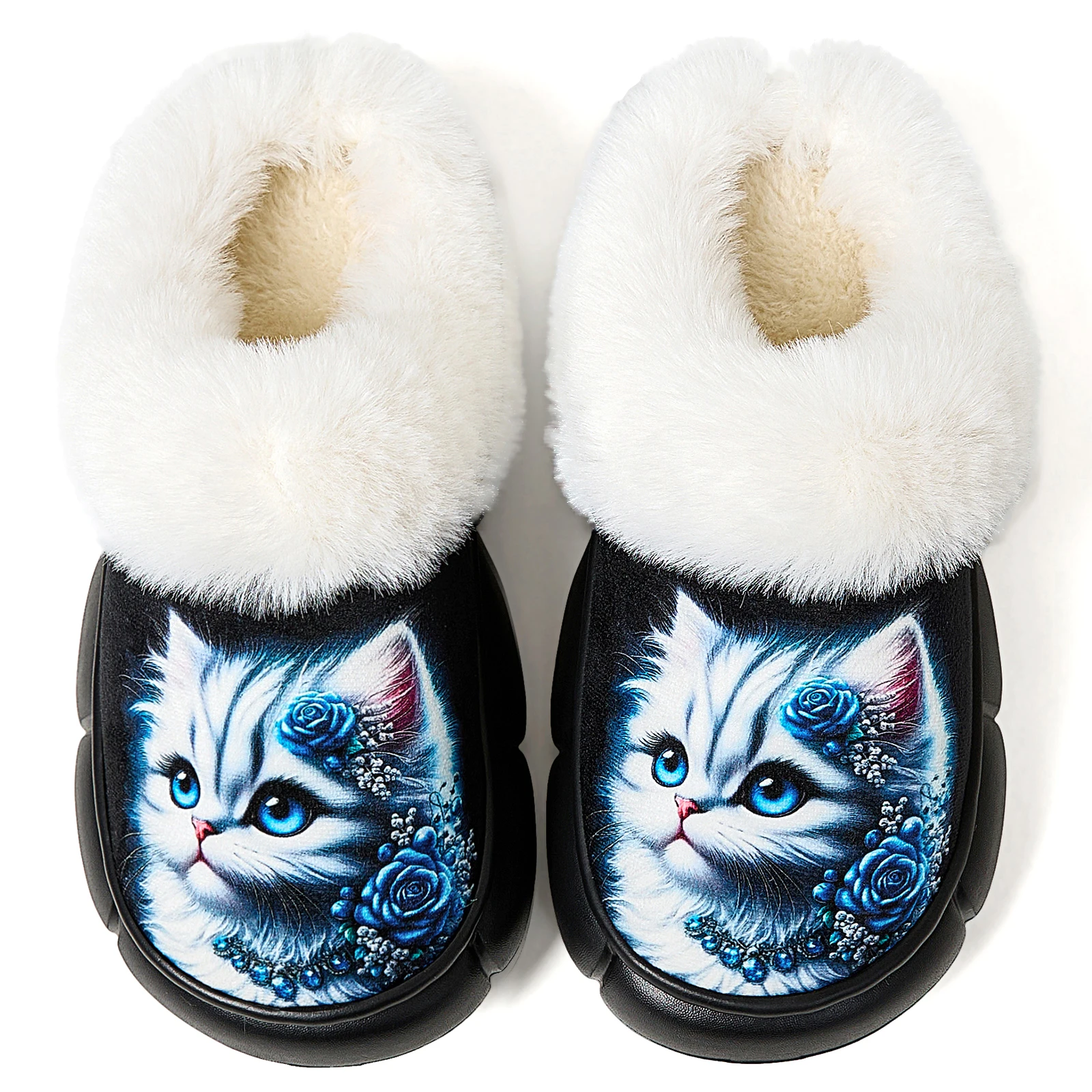 Blue Cat Slippers for Women Memory Foam Rose Floral Print Fluffy Fur Collar Black Warm Cozy Indoor Outdoor Slip On Shoes
