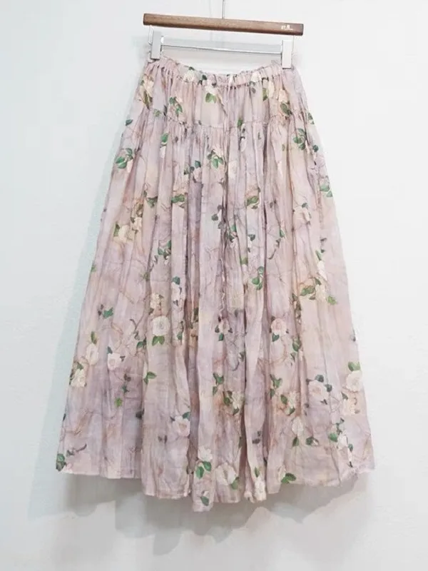 

Льняная юбка в стиле ретро с цветочным принтом, женская юбка-миди трапециевидной формы с высокой талией, летняя свободная посадка из тонкого материала с принтом