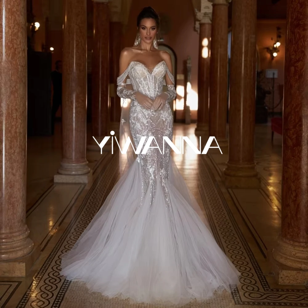 

Luxury Beaded Lace Appliques Mermaid Long Wedding Dress V-neck off Shoulder Bridal Gown Customzied Illusion Dresses For Bride