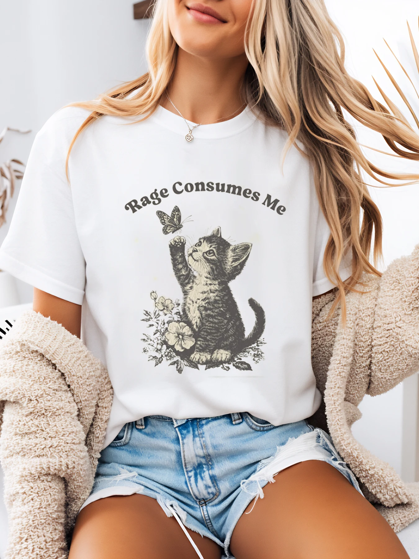

Cat and Butterfly Rage Consumes Me Halloween Graphic Tee Women Casual Wear White Plus-Size