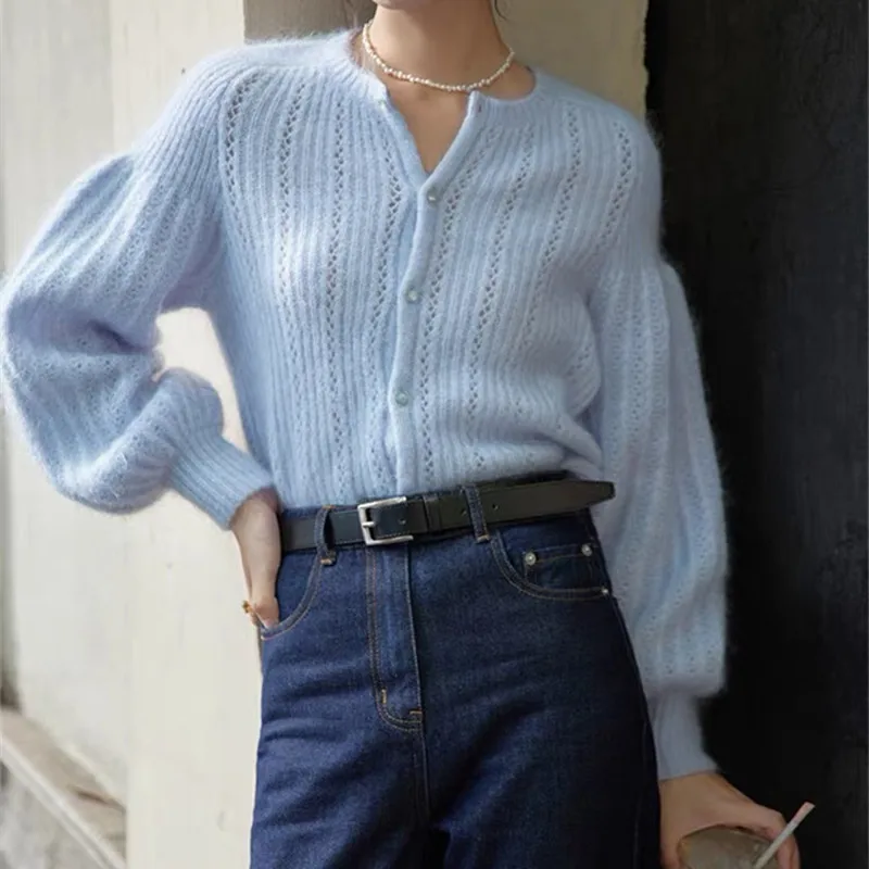 YBZFACAI Spring Fall Fashion Mohair Blue Thin Sweater Sweet Cardigan Women O-neck Soft Knit Hollow Lantern Loose Sleeve Jacket