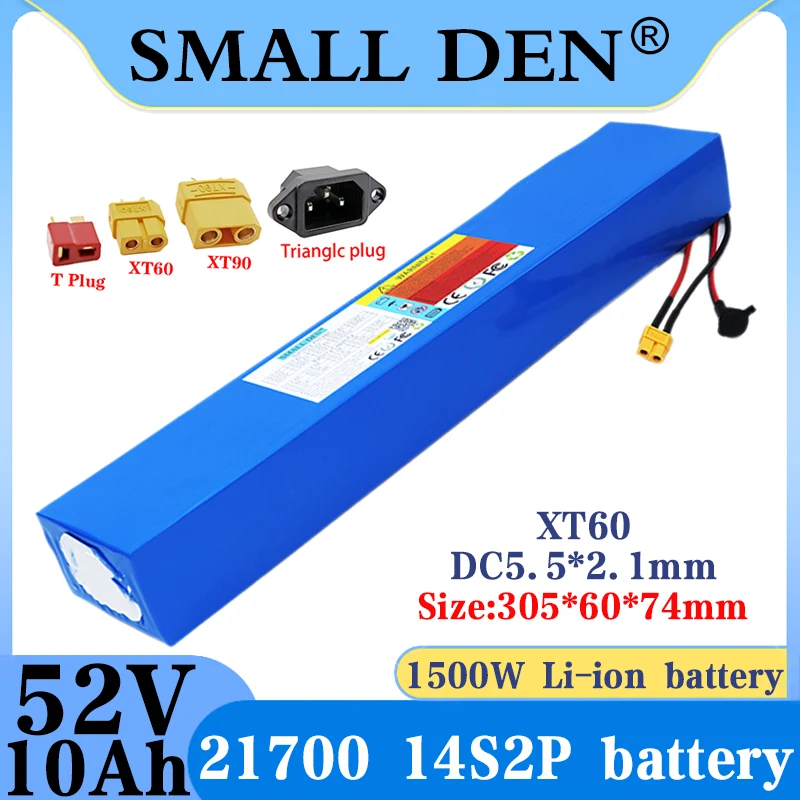 

52V 10AH 21700 rechargeable Lithium Battery Pack for 48V 10AH 14S2P 1500W 1000W 750W 500W high-power motor battery+58.8V charger