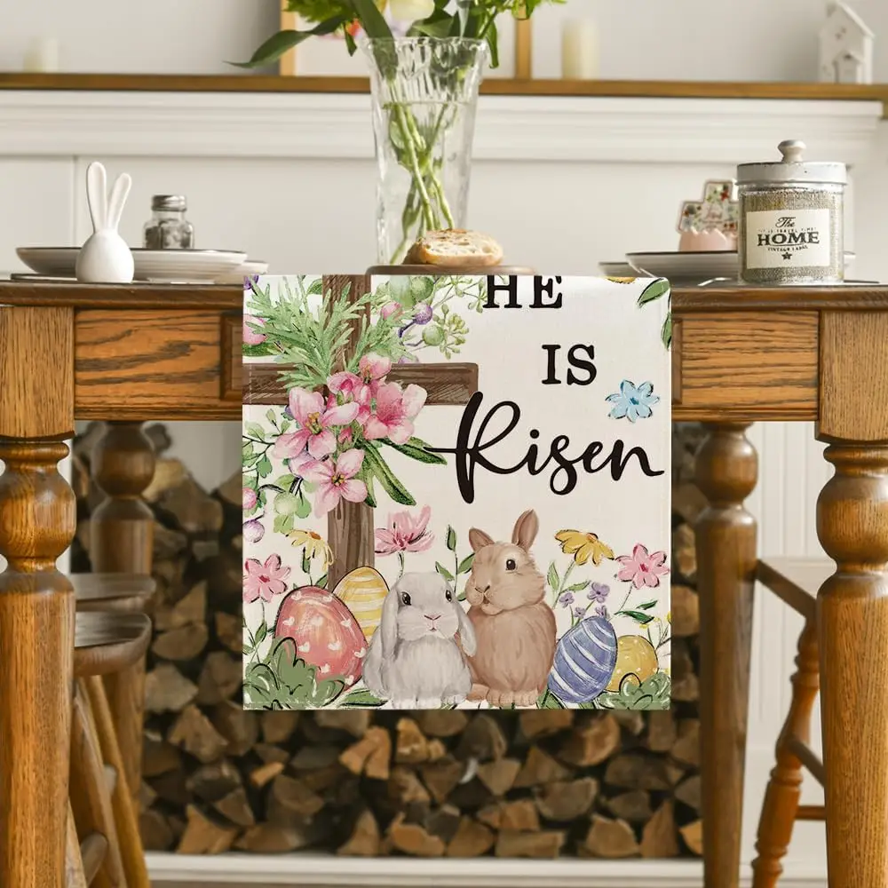 Easter Bunny Rabbits Eggs He Is Risen Linen Table Runner Party Decor Spring Kitchen Dining Table Runner Easter Decorations