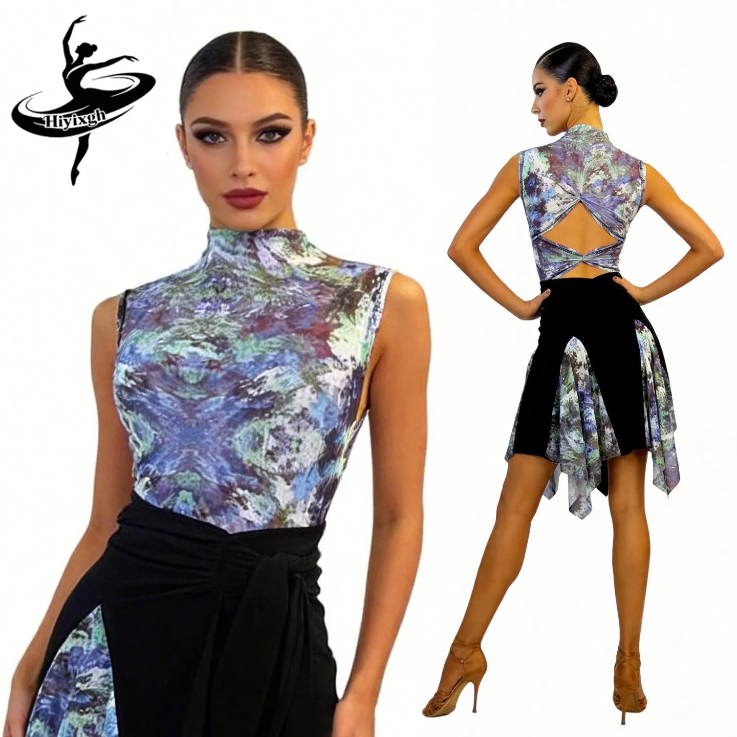 

Сексуальный синий комбинезон из сетки с принтом для латиноамериканских танцев (ча-ча-ча, румба, танго, самба) и современных танцев, костюм для тренировок, для взрослых, 2026