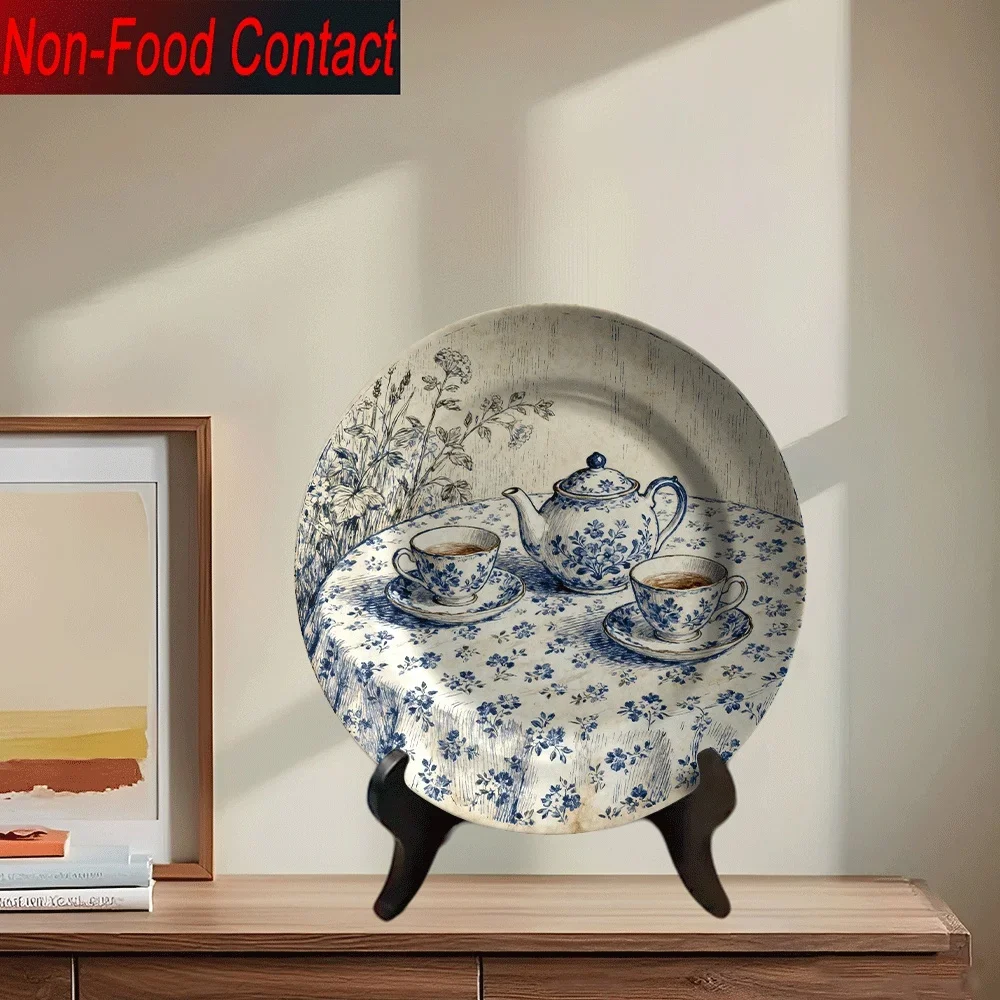 2D Flat, 1pc Ceramic Decorative Plate, Non-Food Contact Pure Decoration, Blue and White Porcelain Teapot and Cup Pattern Home