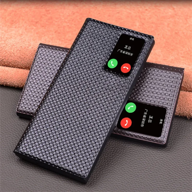 

Genuine Leather S View Flip Cover For Samsung Galaxy S23 Ultra S22Ultra Grids Crocodile Texture Window Display IC Smart Case