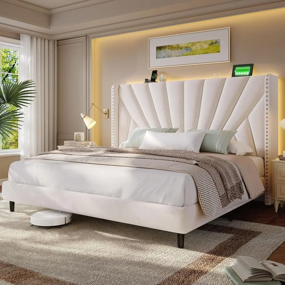 Marco de cama King Wingback de terciopelo con cabecero alto de 51 luces LED y estación de carga, no necesita somier, silencioso