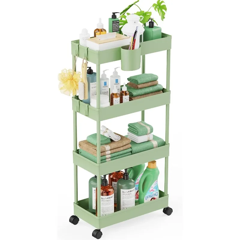 Slim Rolling Storage Cart - 4 Tiers Bathroom Organizer Utility Cart Slide Out Storage Shelves Mobile Shelving Unit for Kitchen