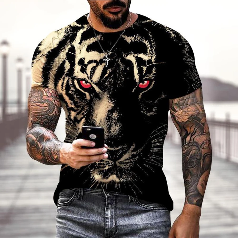 Summer Tees Tops 3D Tiger Print Men\'s T-Shirt Casual Animal Pattern T Shirt Streetwear Quick Dry Fashion Oversized Clothes