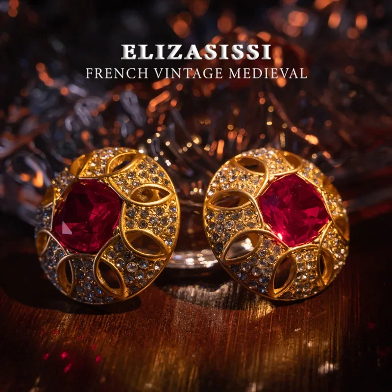 Fashion medieval vintage large rhinestone Czech diamond inlaid literary and retro sense noble court style ear clips