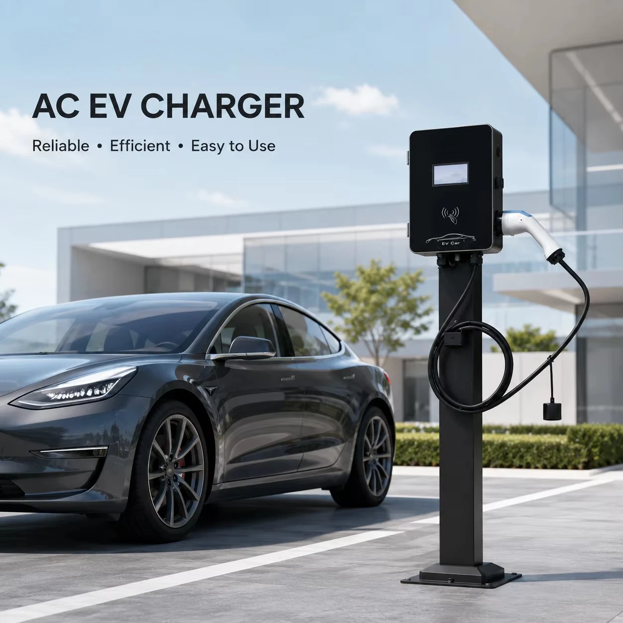 7kW High Performance Waterproof Dustproof Level Pole Mounted Intelligent Charging Station CE Certified Black AC EV Charger
