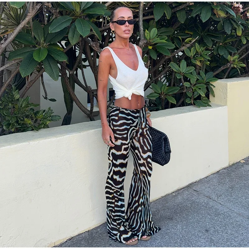 Sexy Zebra-Gestreiftes Langarm-Oberteil und Schlaghosen-Set für Damen, Schlanker V-Ausschnitt Einreihige Weste, 2-teilig, Sommer 2026 Strand-Urlaubsoutfit – Detail 12