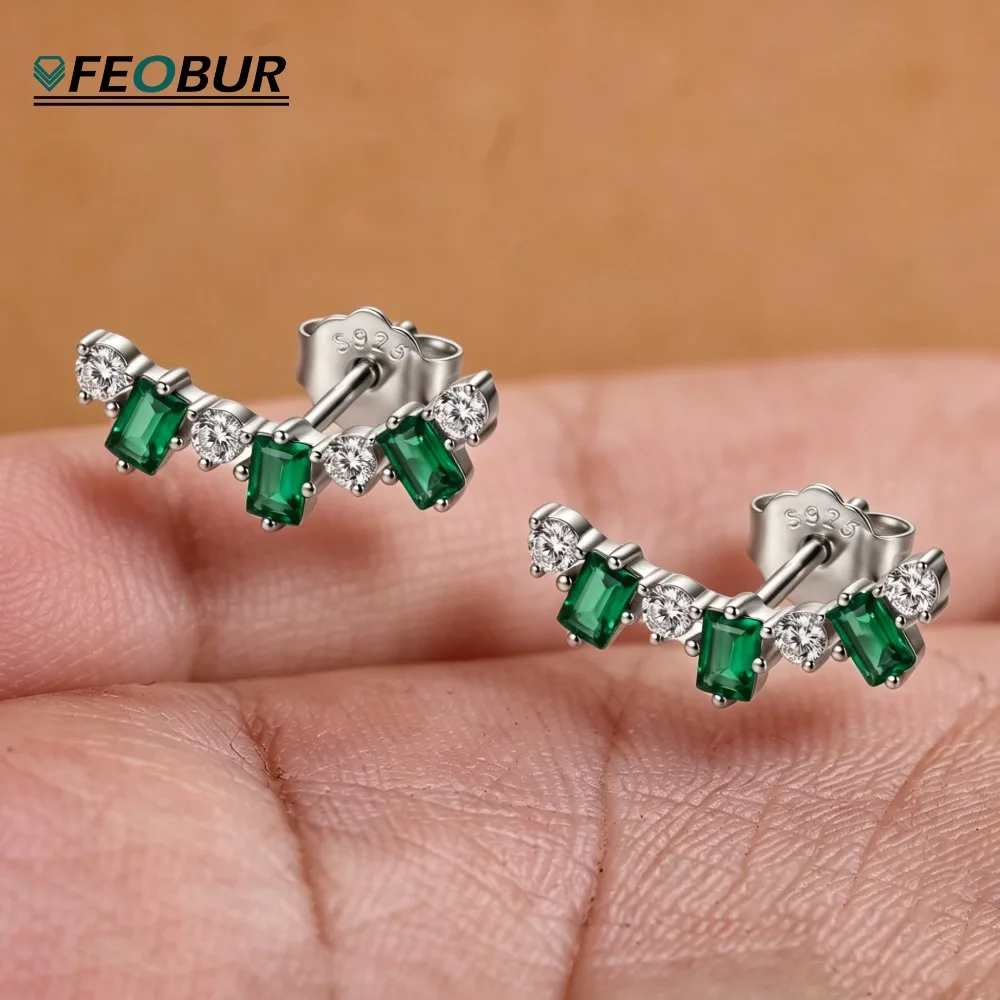 

2*3mm Emerald Moissanite Diamond Ear Climber Earring for Women 925 Sterling Silver Baguette Curved Minimalist Studs Jewelry Gift