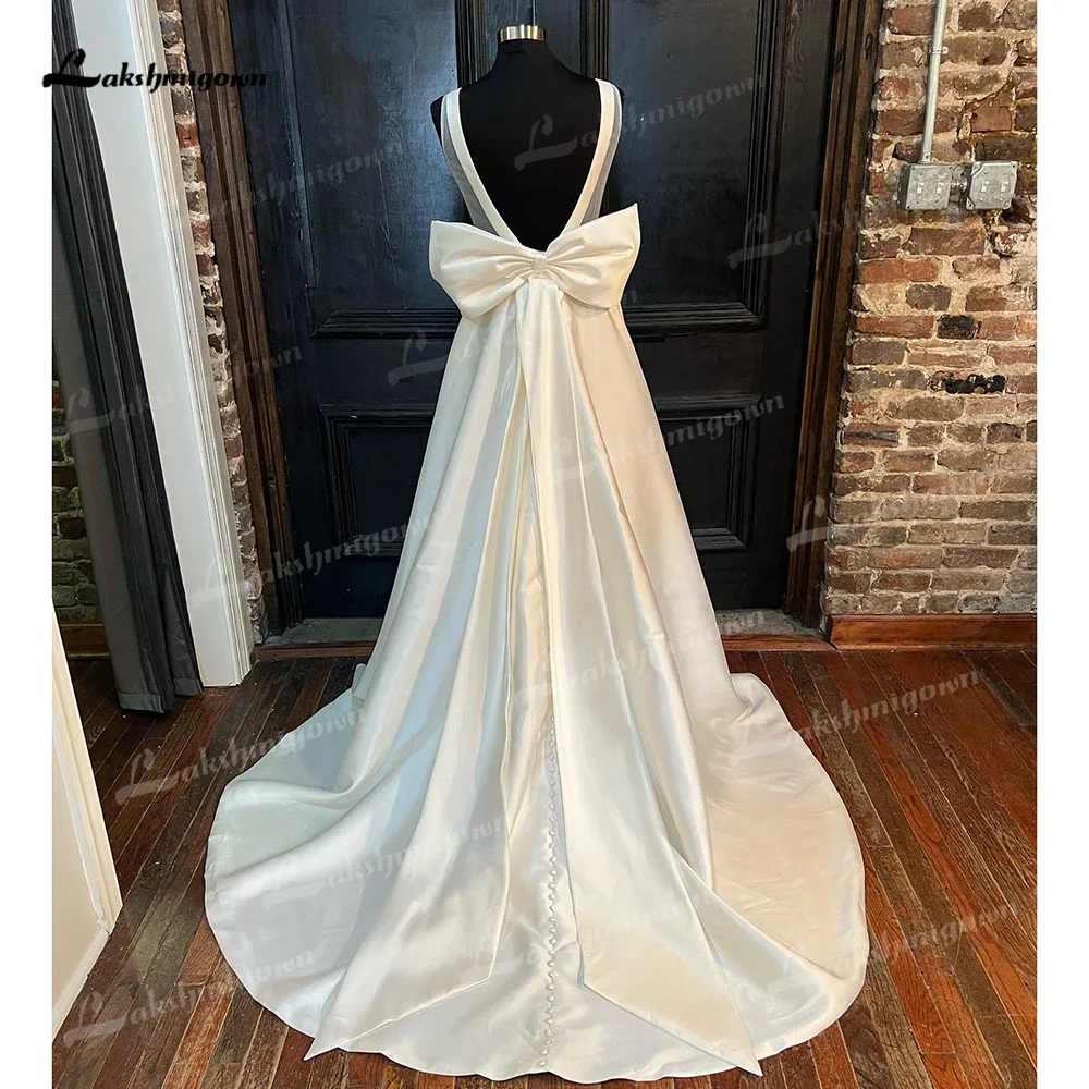 Simple A Line Wedding Dress Elegant O-Neck Off the Shoulder Open Back Bow Button For Women Bride Gown Satins Sweep Vestidos Robe