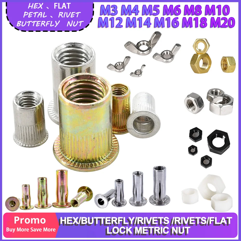 Petal Shape Metal Rivet Flat Head Molly Jack Nuts Hexagon/Butterfly Metric Nut Rivets Lock Fix Expansion Rivnuts Fasteners Parts