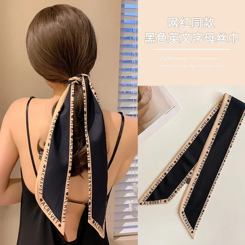 Fashion Printing Silk Long Ribbon Hair Scarf for Women Headscarf Bow Ponytail Ties Headwear