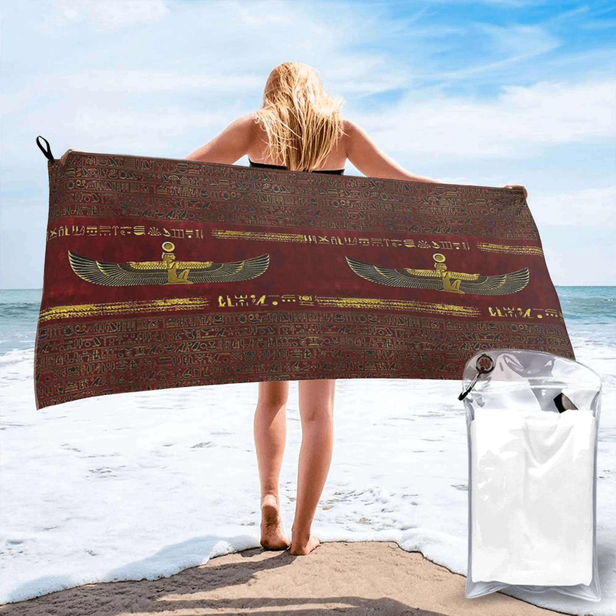 Golden Egyptian God Ornament on red leather Beach Towel Soft Microfiber Quick Dry Absorbent Quick Towels For Bath