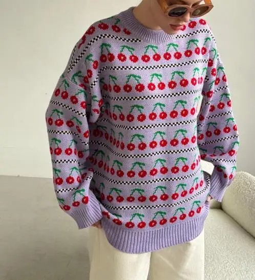 Winter 2025 Vintage Knitted Cherry Jacquard Round Neck Sweater for Women, Casual and Cute Loose Long Sleeved Knitted Sweater