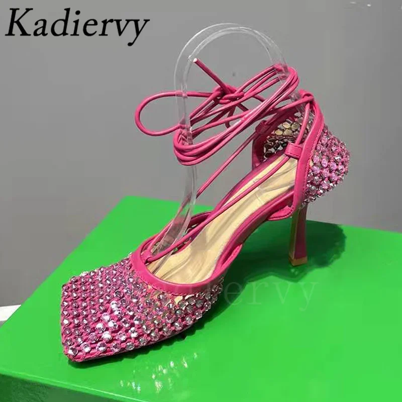 Summer Women Pumps Mesh Rhinestone High Heels Party Shoes Women Square Toe Ankle Strap Thin Heels Shoes For Women Size 35-43