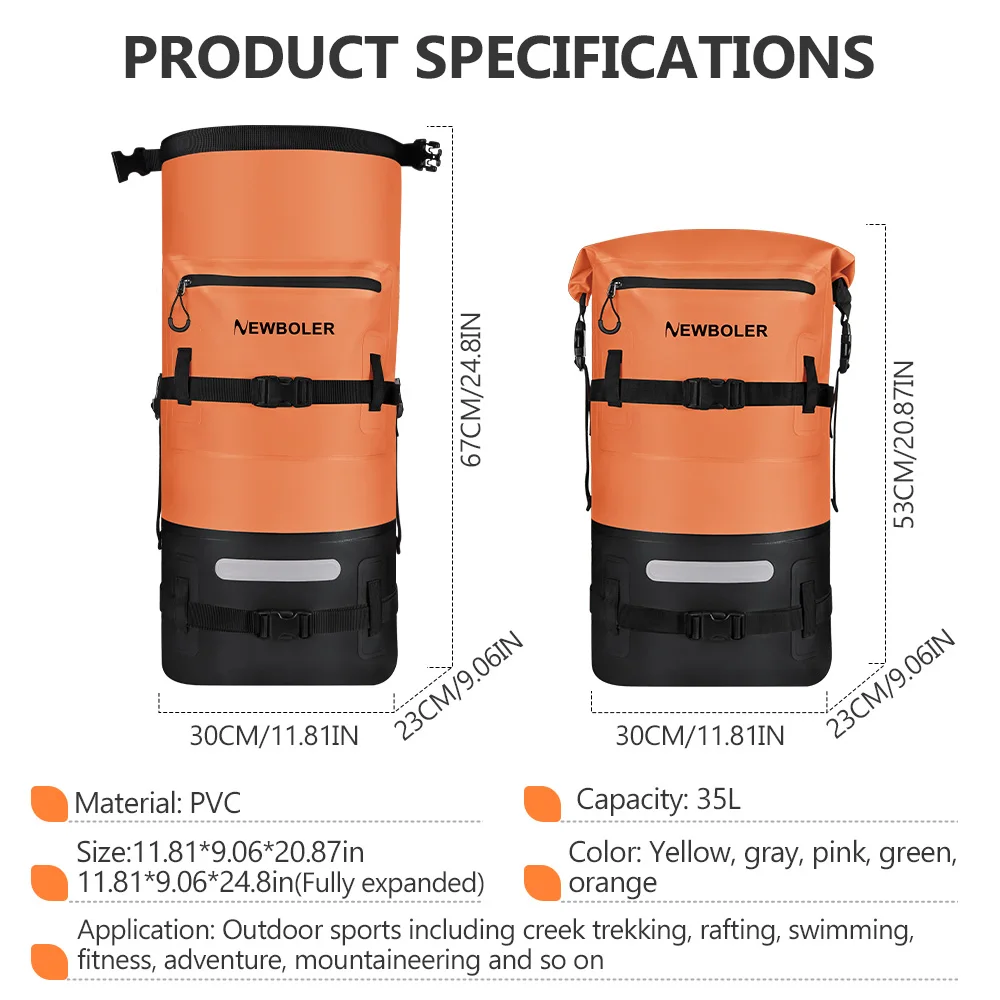 NEWBOLER 35L PVC Waterproof Dry Bags With Wet Pocket Backpack For Kayaking Boating Swimming Outdoor Sports Bag