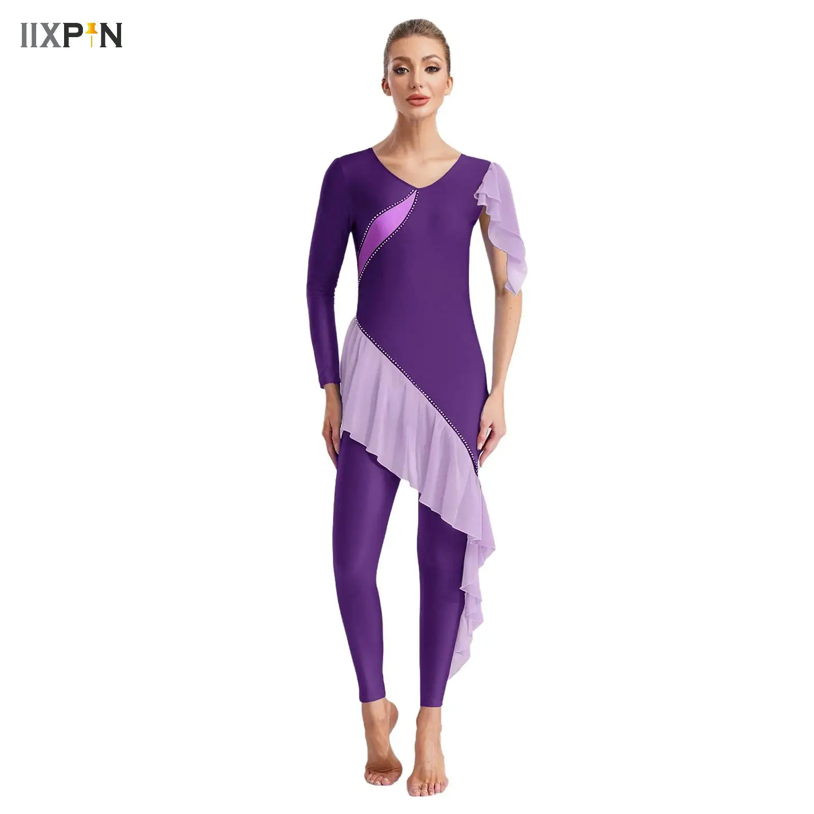 

Womens Cascading Ruffles Ballet Dance Jersey Gymnastics Jumpsuit Acrobatics Performance Costume Rhinestones Full Length Bodysuit
